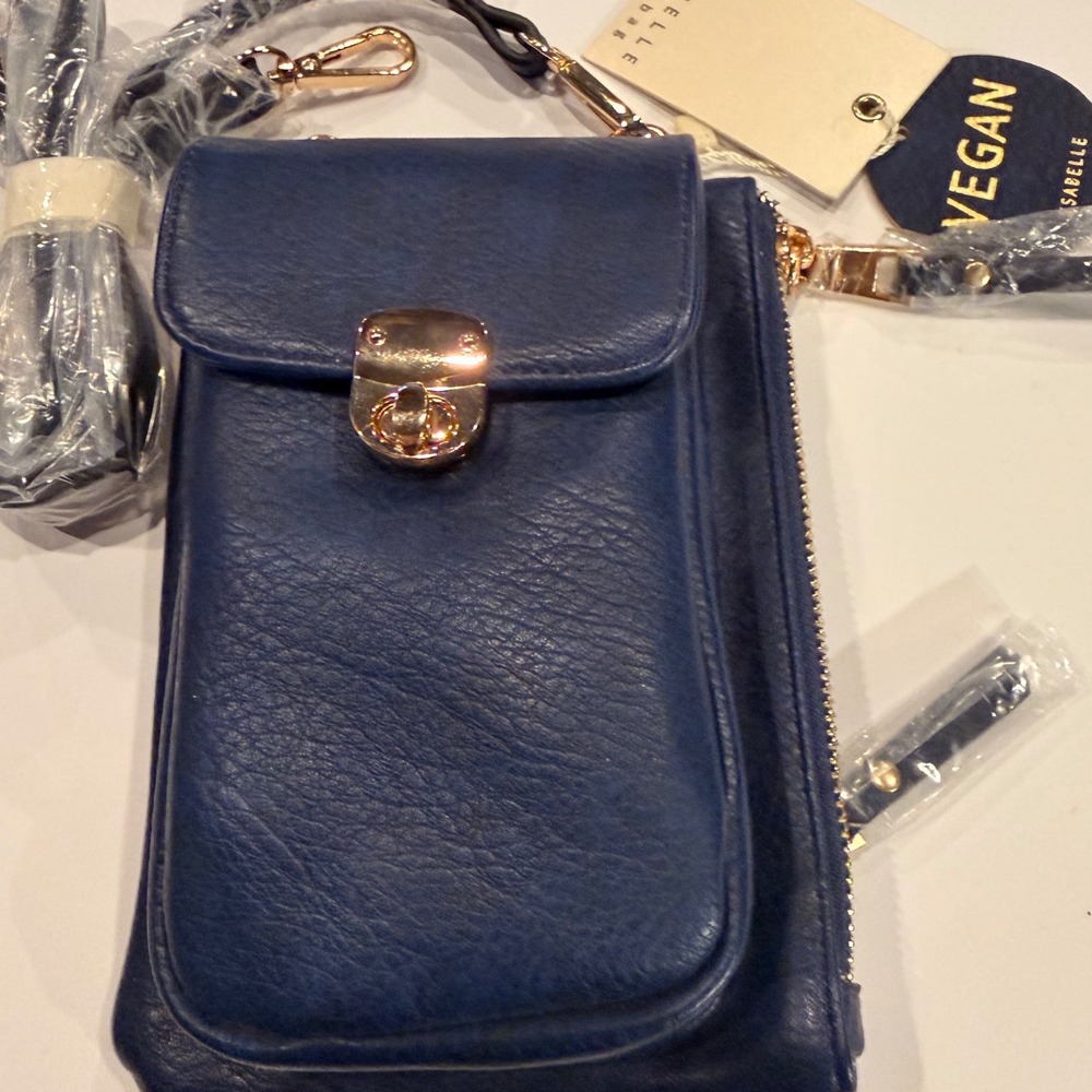 Isabelle Handbag Navy Blue Vegan Leather Crossbody Phone Wallet NWT Gold Tone